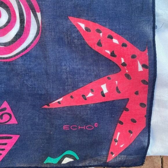 Vintage 80s ECHO  Cotton Voile Scarf SEASIDE Tropical Fish 34" x 34" - Picture 3 of 3